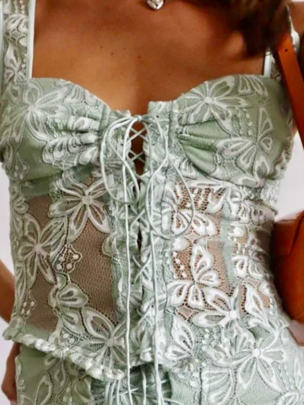 Lace-Up Floral Lace Corset Top - Sage Green
